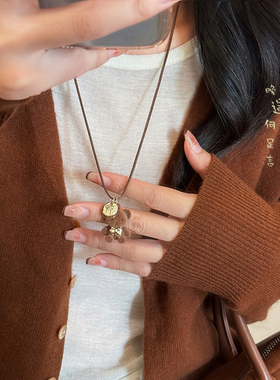 小熊植绒项链美拉德棕色毛衣链