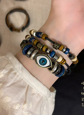 手作款~波西米亚异域民族风复古手链女中古小众独特叠戴皮革配饰