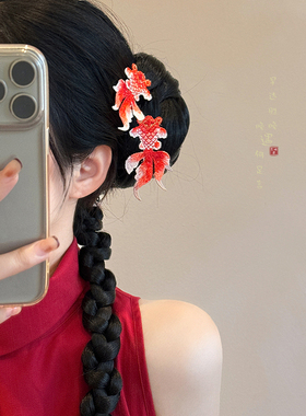 刺绣锦鲤发夹檀木双喜流苏发簪