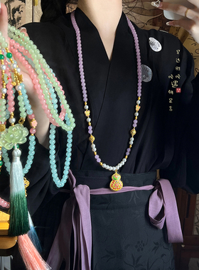 ［桃夭］粉色串珠平安锁长款流苏项链夏新中式汉服马面裙古装配饰