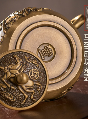 马到成功茶壶黄铜浮雕茶壶中国风手提壶泡茶壶家用茶具家居装饰品