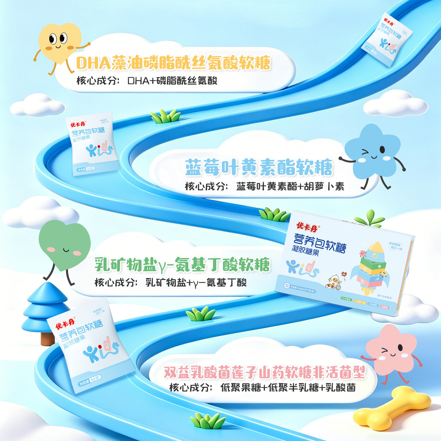 优卡丹儿童营养包软糖青少年蓝莓叶黄素乳酸菌氨基丁酸DHA综合品