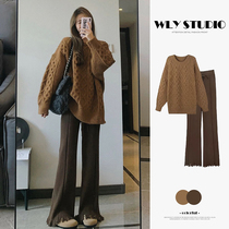 Pregnant Woman Autumn Winter Clothing Suit Fashion 2023 New Sweater Two Sets Big Code Knit Blouse Blouse Pants Suit