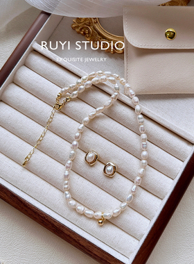 小众淡水珍珠项链女清新耳钉