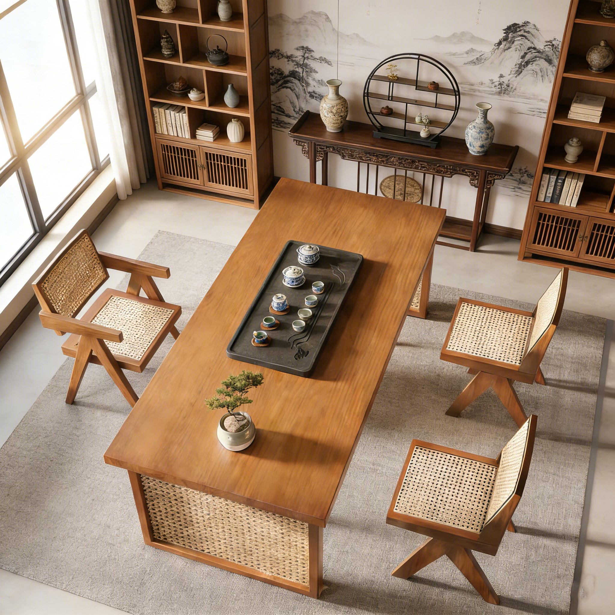 阳台藤编茶桌椅组合禅意宋式美学茶台实木茶几客厅家用小型泡茶桌,淘宝优惠券,粉丝福利购,淘宝优惠卷