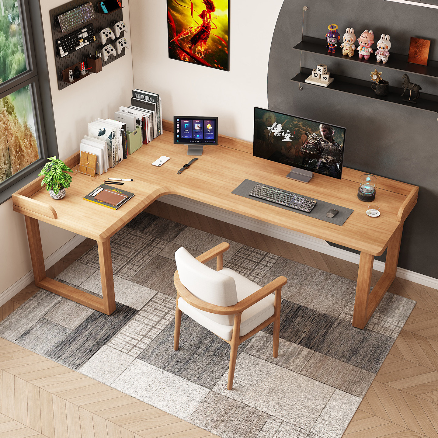 实木转角书桌家用客厅书房L形拐角桌简约现代阅读学习原木办公桌,淘宝优惠券,粉丝福利购,淘宝优惠卷