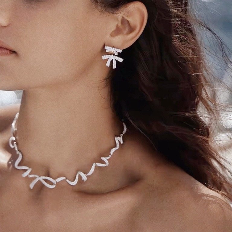 何方hefang珠宝双层蝴蝶结耳环轻奢优雅高级感璀璨飘带项链礼物银,淘宝优惠券,粉丝福利购,淘宝优惠卷