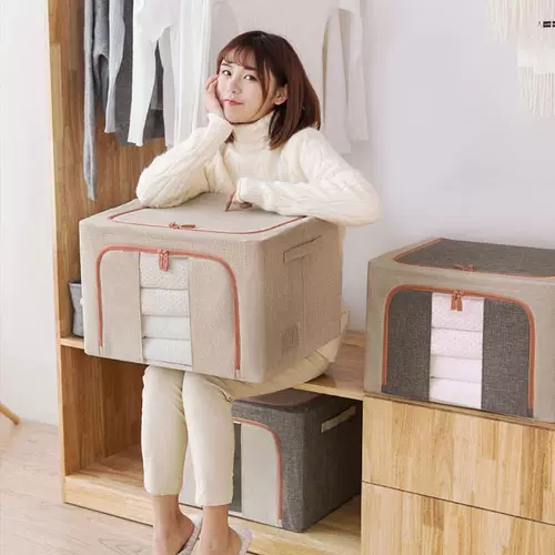 Вместительный и большой складной ящик для хранения для домашнего использования, одеяло, система хранения, ткань, стальная рама, коробка для хранения, из хлопка и льна