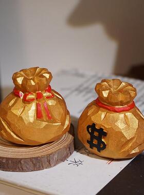 【恭喜发财】手工木雕摆件财神钱袋办公室工位桌面装饰品新年礼物