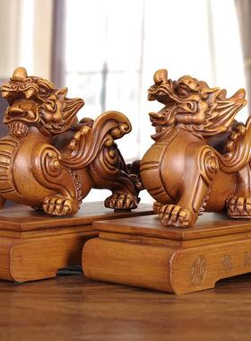 实木雕招财貔貅摆件手工艺品皮休中式风水装饰纯手工招财镇宅 花