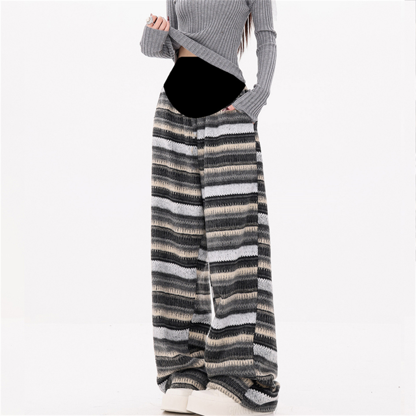 条纹加厚毛呢孕妇裤秋冬新款宽松托腹长裤大码拖地加长休闲阔腿裤,淘宝优惠券,粉丝福利购,淘宝优惠卷
