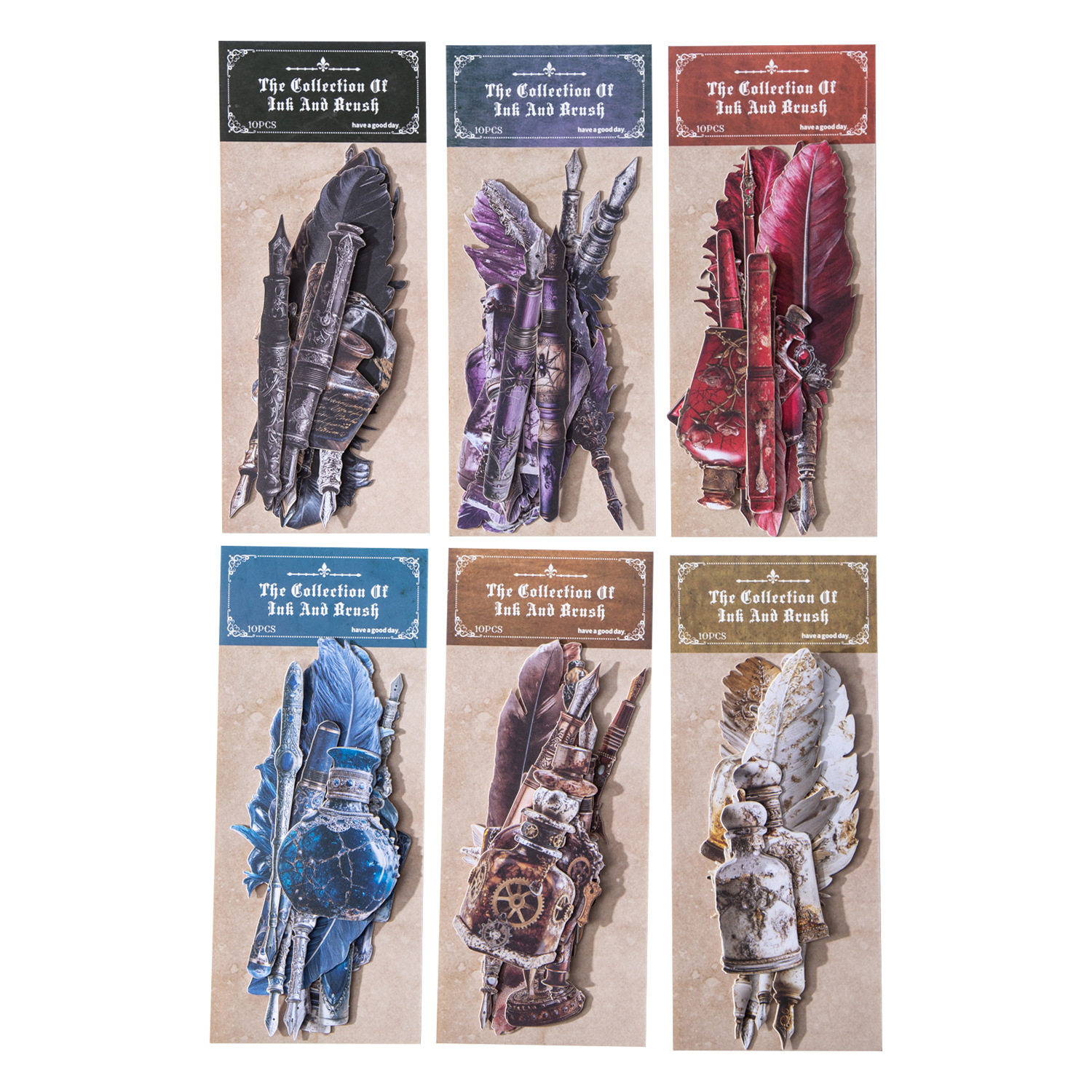 笔墨珍藏家系列硬卡贴纸包10张入 复古羽毛物品手账装饰素材贴画,淘宝优惠券,粉丝福利购,淘宝优惠卷