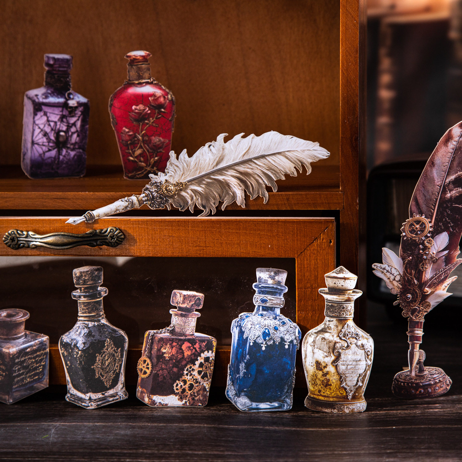 笔墨珍藏家系列硬卡贴纸包10张入 复古羽毛物品手账装饰素材贴画,淘宝优惠券,粉丝福利购,淘宝优惠卷