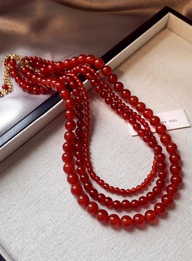 新中式红玛瑙玉髓项链翡翠色系显白国风串珠红色喜庆本命年锁骨链