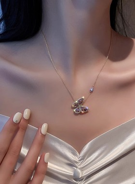 蝴蝶紫色镶满锆石铜吊坠项链女轻奢精致可爱小众设计感精致锁骨链