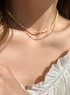 双层叠戴滴油贝壳项链韩版时尚玉石彩色链条锁骨链米珠串珠颈链女