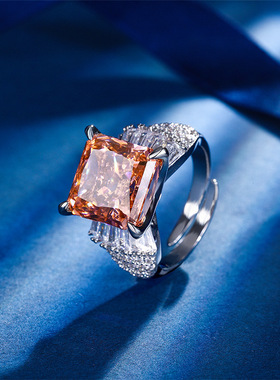 2024新款珠宝冰花切高碳钻S925银镀18K金镶钻气质公主方戒指12*12