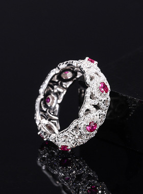 新款高档珠宝豪华镶嵌S925银镀18K金镶嵌红宝满钻豪镶排戒戒指