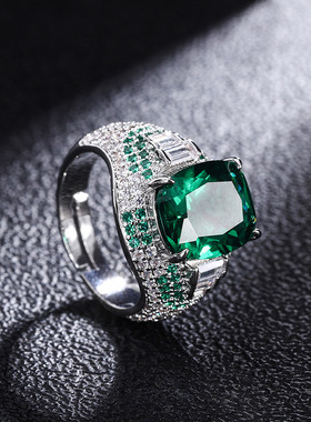 珠宝欧美气质女式戒指玻璃祖母绿方形人工培育宝石戒指主10*12