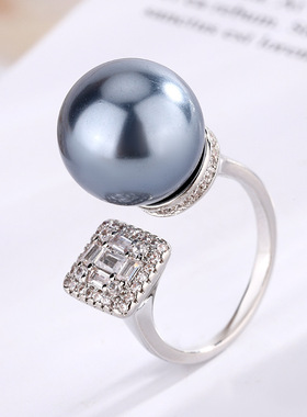 新款高档珠宝豪华镶嵌铜镀白金时尚镶嵌珍珠可调节戒指女14mm饰品