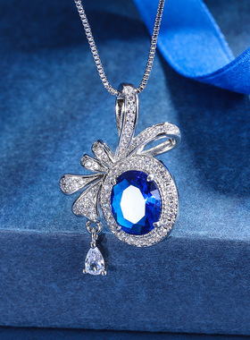 新款高档珠宝镀18K金新款彩宝款蝴蝶结创意吊坠项链镶钻主石8*10