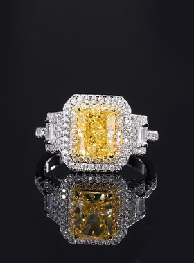 新款高档珠宝S925银镀18K金镶嵌彩宝款高碳钻戒指女满钻镶嵌主6*8