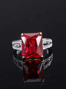 珠宝S925银镀18K金镶嵌木佐绿祖母绿色红宝石长方戒子主石12*14