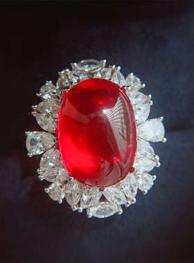 珠宝S925银镀18K金镶嵌主播款素面简约风鸽血红宝吊坠戒指套装