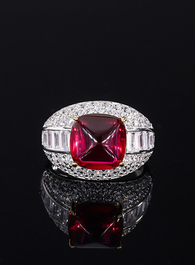 新款珠宝S925银镀18K金镶嵌彩宝鸽血红宝糖塔满镶戒子主石10*10