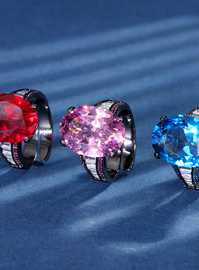 新款高档珠宝宝石豪华镀18K金彩宝鸟巢切工黑金气质戒指女13*18