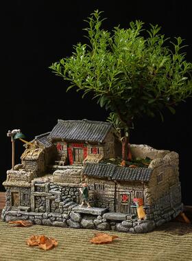 文竹盆景植物室内小盆栽客厅办公室桌面微景观造景老房子模型摆件