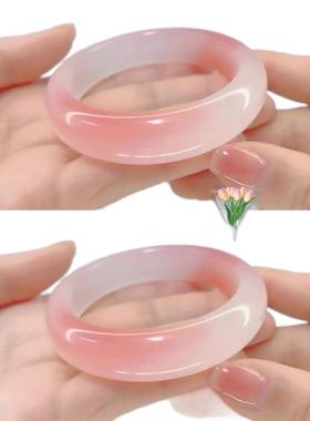 天然冰种玛瑙玉髓手镯马卡龙色8mm西瓜色圆条半山半水远山黛春彩