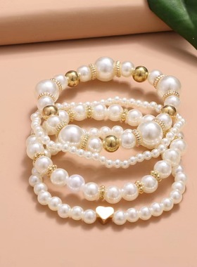 跨境热销时尚4件套爱心珍珠手链套装女 串珠时尚爆款手串