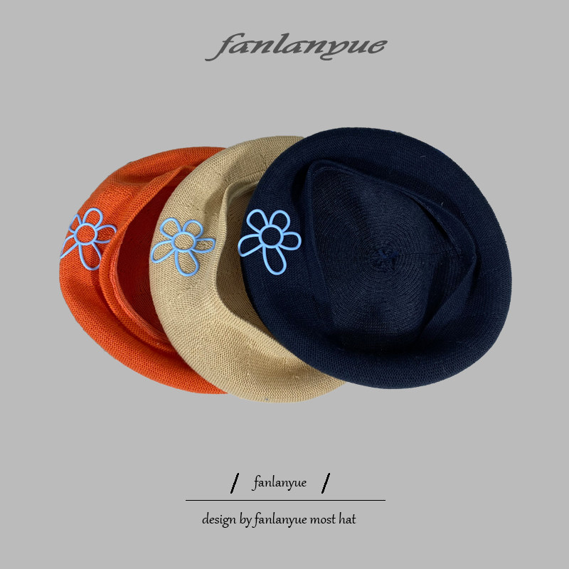 贝雷帽女春夏薄款透气针织南瓜帽韩版百搭可爱太阳花画家帽显脸小
