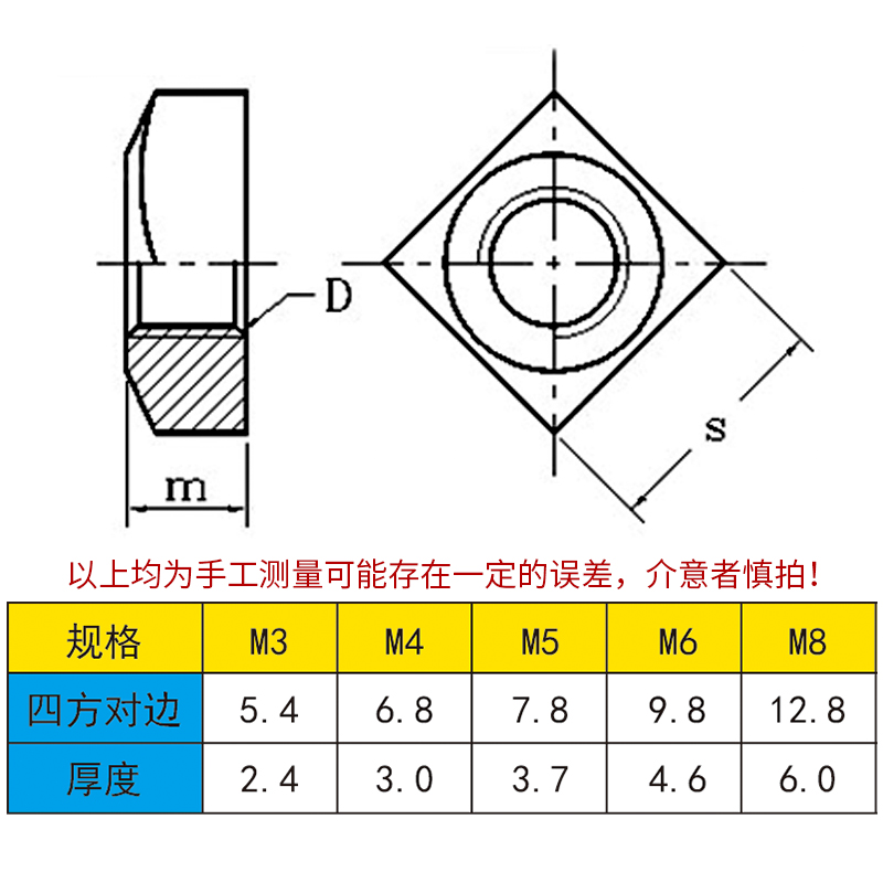 304不锈钢四方螺母\方型方形螺帽 M3M4M5M6M8M10国标DIN557螺丝帽