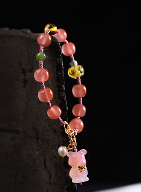 南红7*8MM手链女编织粉色手绳送