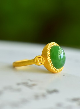 s925银镶嵌新疆和田玉碧玉菠菜绿蛋面戒指简约女指环戒圈饰品