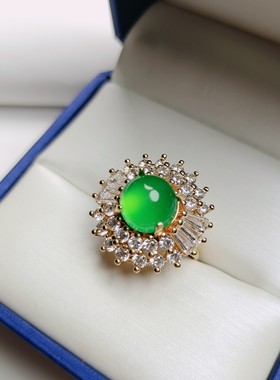 天然冰彩绿玉髓豪华镶嵌绒花款满钻戒指简约时尚女款指环戒圈饰品
