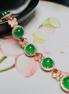 天然冰种玉髓镶嵌豪华蝴蝶款女款翠绿色手链手串时尚百搭饰品