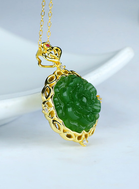 古法镶嵌新疆和田玉碧玉苹果绿花开富贵吊坠玉坠挂件时尚饰品