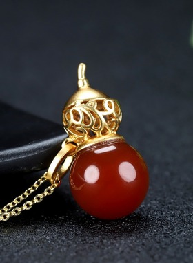 24K金古法镶嵌玉髓精致葫芦吊坠男女士福禄玉石玉坠项链