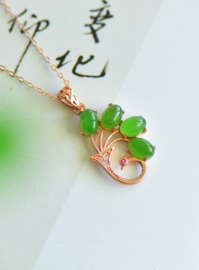 S925银镶嵌和田玉碧玉凤凰女款玉石吊坠玉坠挂件时尚气质项链