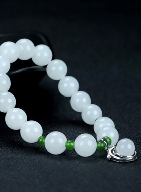 新疆和田玉白玉圆珠10mm玉石手串s925银小海豚转运珠单圈手链