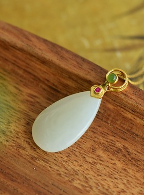 S925银和田玉羊脂白玉水滴玉石吊坠挂件时尚气质女款玉坠项链