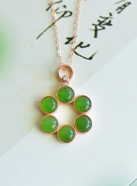 S925银新疆和田玉碧玉绿色圆面玉石吊坠挂件时尚简约玉坠项链