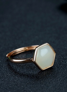 s925银镶嵌新疆和田玉白玉六角形戒指简约时尚女指环戒圈饰品