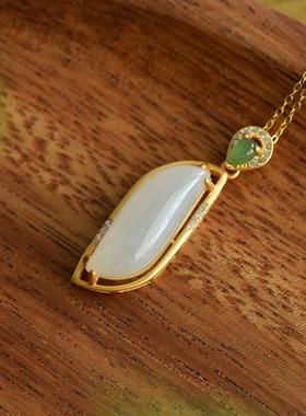 S925银和田玉羊脂白玉柳叶形玉石吊坠挂件时尚百搭款玉坠项链