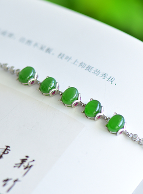 s925银和田玉碧玉菠菜绿狐狸形手链时尚百搭女款手串配饰礼品