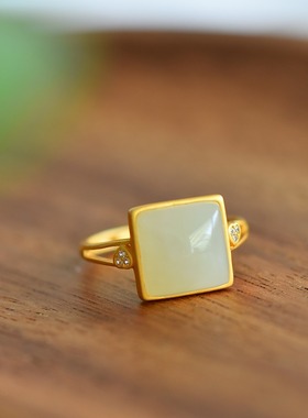 s925银镶嵌新疆和田玉白玉小方糖形戒指简约时尚指环玉戒饰品