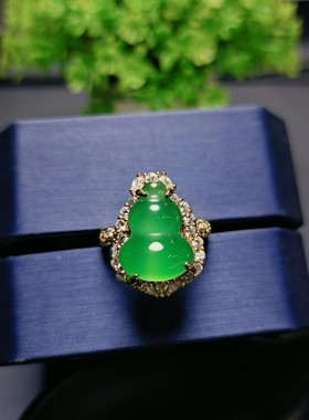 天然冰彩帝王绿玉髓镶嵌绿葫芦戒指福禄玛瑙指环女款时尚高级饰品